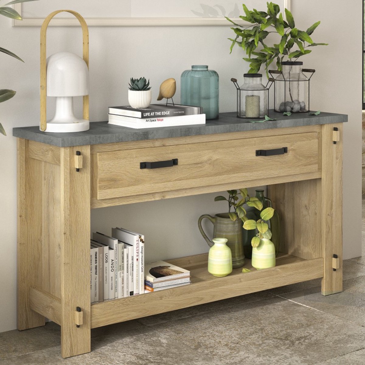 Sidetable Louane 156cm, 1 Lade - Eik/beton