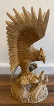 Suar houten - adelaar met 2 baby’s - handgemaakt - 40cm hoog