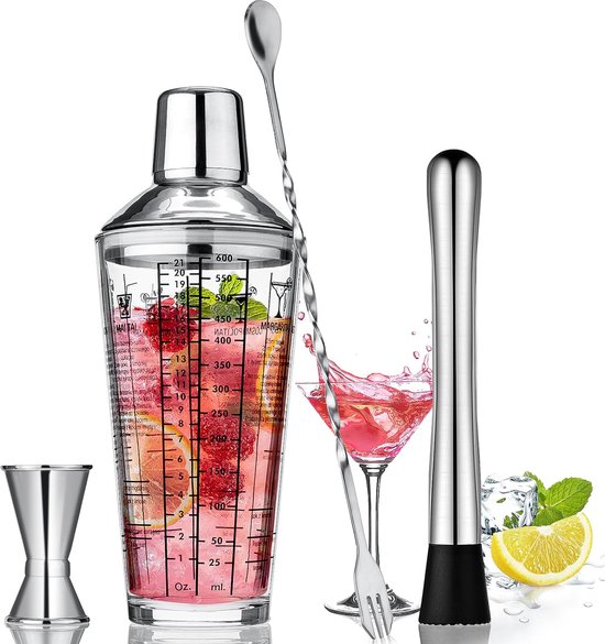 Cocktailshakerset, 600 ml cocktailglazen, cocktailmixer met 6 drankrecepten, maatbeker, glazen shaker met roestvrijstalen jigger, menglepel, muddler, barmanset voor beginners