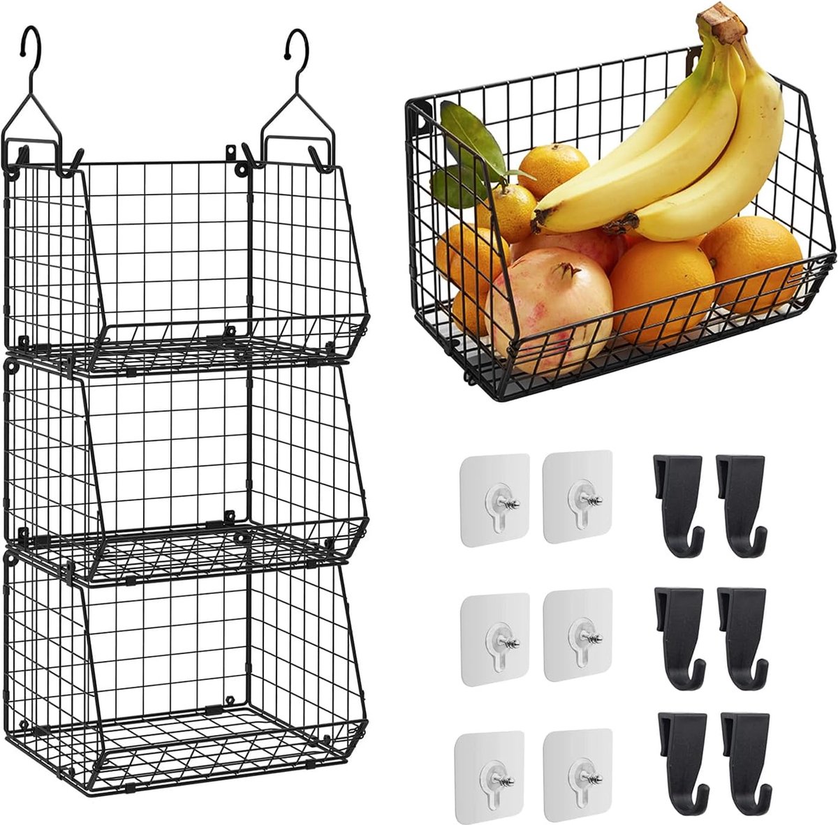 Hangende fruitmand, keukenorganizer, fruitschaal, hangmand, keuken, muurfruitmand met houten deksel, fruit- en groentemand voor op het aanrecht, uien Hangende fruitmand, keukenorganizer, fruitschaal, hangmand, keuken, muurfruitmand met houten deksel, fruit- en groentemand voor op het aanrecht, uien