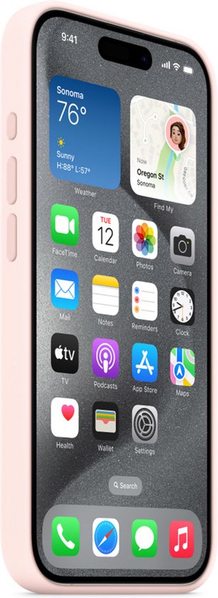 Roze iPhone-hoesje met het thuisscherm met widgets voor weer, agenda en klok.