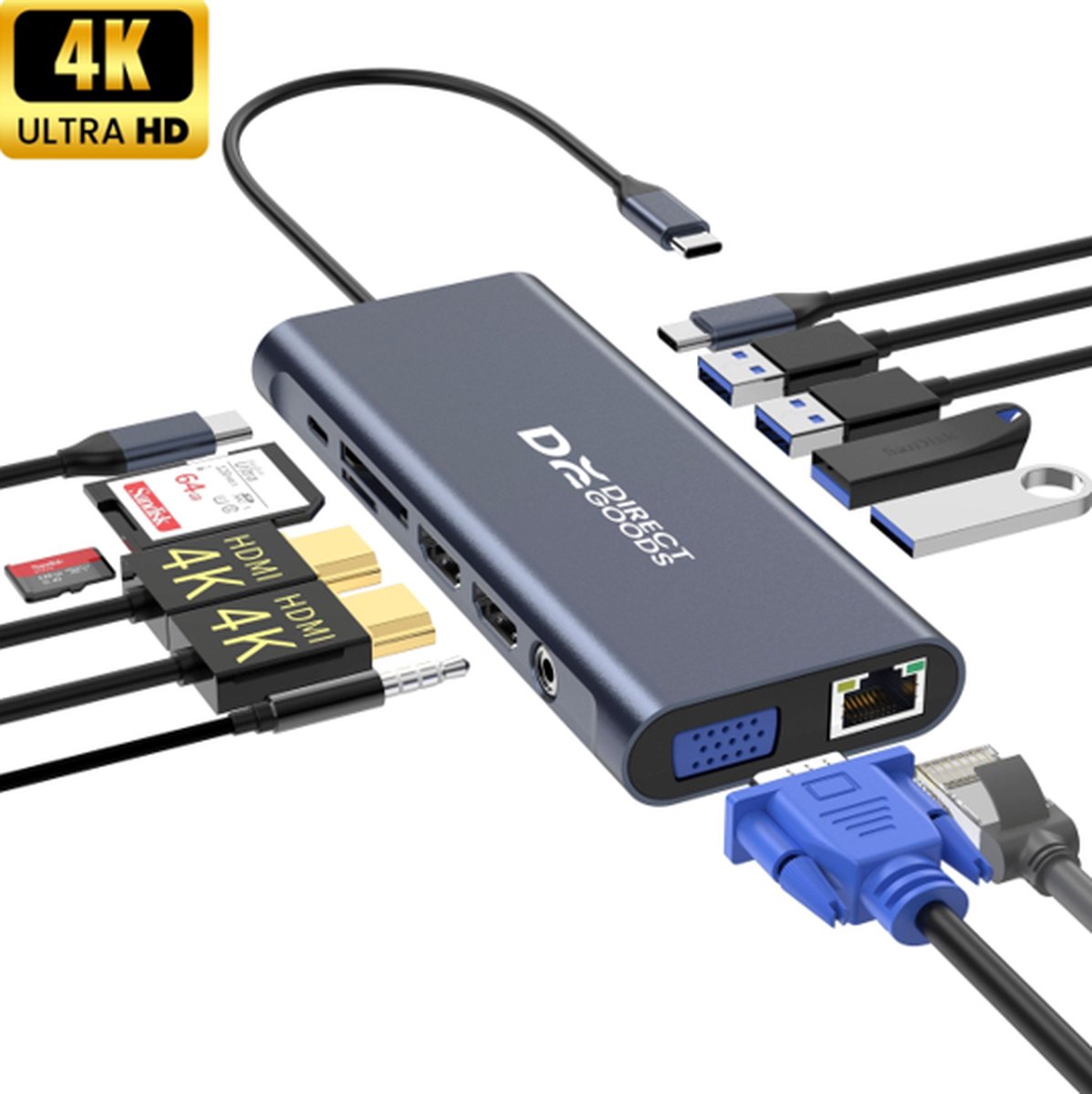 DirectGoods® 13 in 1 USB C Hub - Docking Station Laptop - Docking Station USB-C - 2x HDMI 4K - USB C 100W - RJ45 Gigabit - 1x VGA - Spacegrey