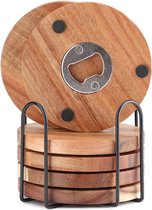 Onderzetters van hout, 6-delige set, glazen onderzetters, hout met flesopener, ronde houten onderzetters voor glazen met houder, voor dranken, bar, kopjes, glas, tafelonderzetters, drankonderzetters