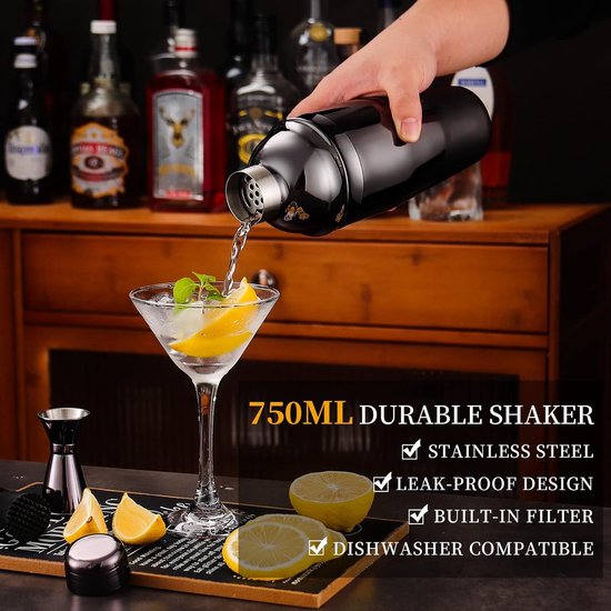 Quilamix 12-delige cocktailshakerset met bamboestandaard, 750 ml roestvrijstalen barkeeperset voor mixdranken, cadeau voor vrienden, mannen, vrouwen, met receptenboekje