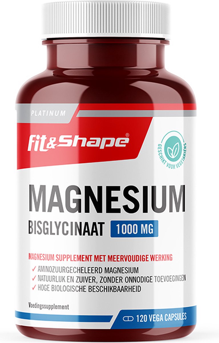 Goedkoopste Fit&Shape Magnesium Bisglycinaat 1000- pot met 120 Vcaps -Hoog gedoseerde magnesium supplement (1000mg in 2 capsule) Waarvan 200mg (elementaire gehalte magnesium