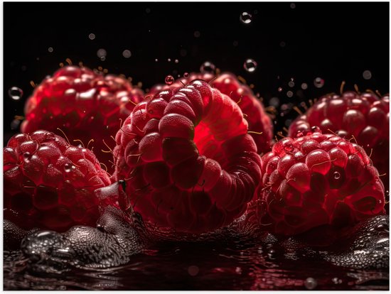 Poster (Mat) - Frambozen - Fruit - Rood - Water - Druppels - 100x75 cm Foto op Posterpapier met een Matte look