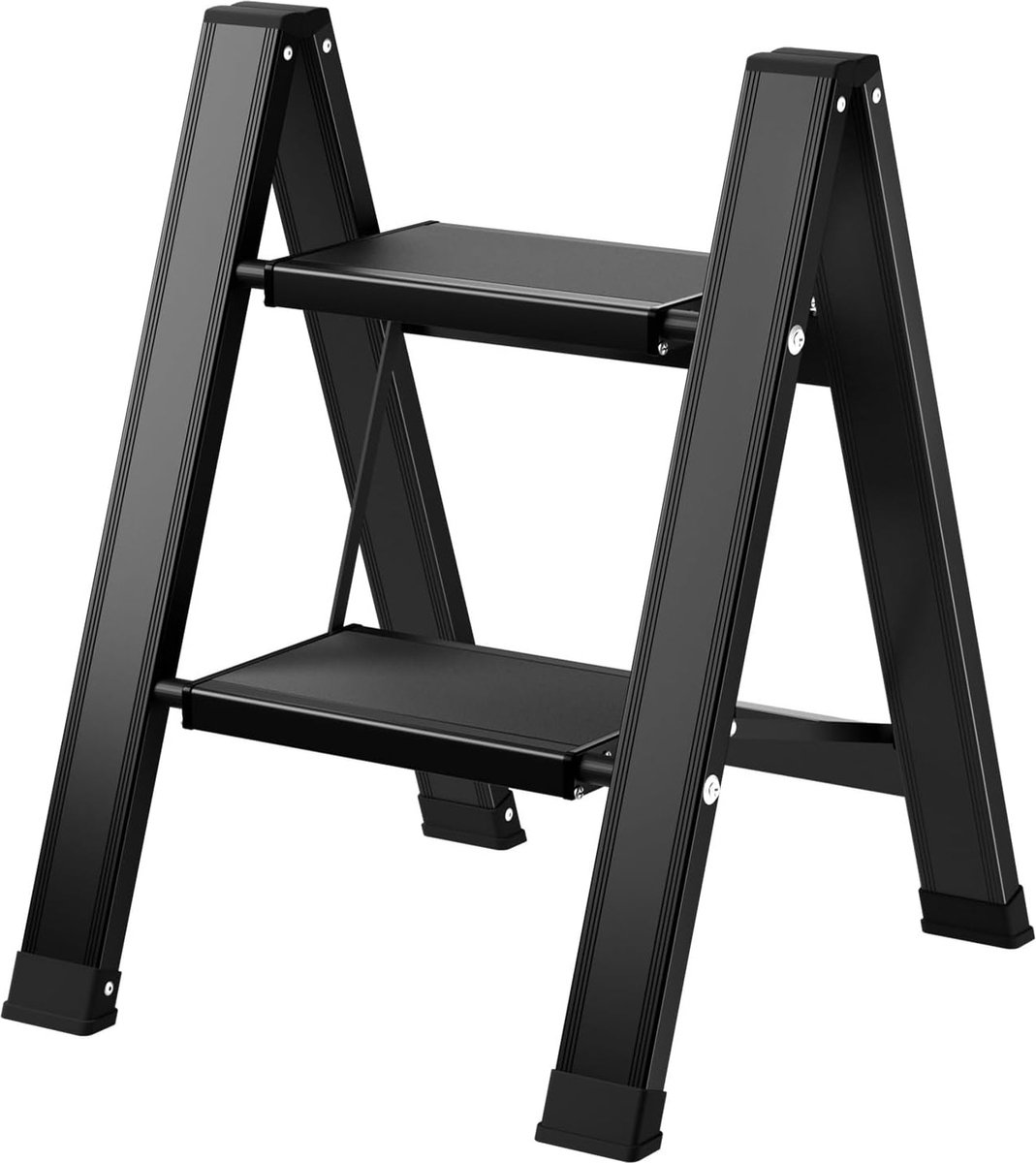 Trapladder, 2 treden, inklapbaar, aluminium, traptrap met breed anti-slip pedaal, draagbare vouwladder, opvouwbare huishoudtrap, lichte staande ladder tot 150 kg, zwart