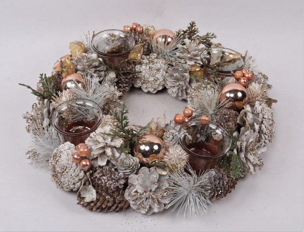 Kerststuk met zilver en gouden accenten, 4 theelichthouders & dennenappels | NFT-65516
