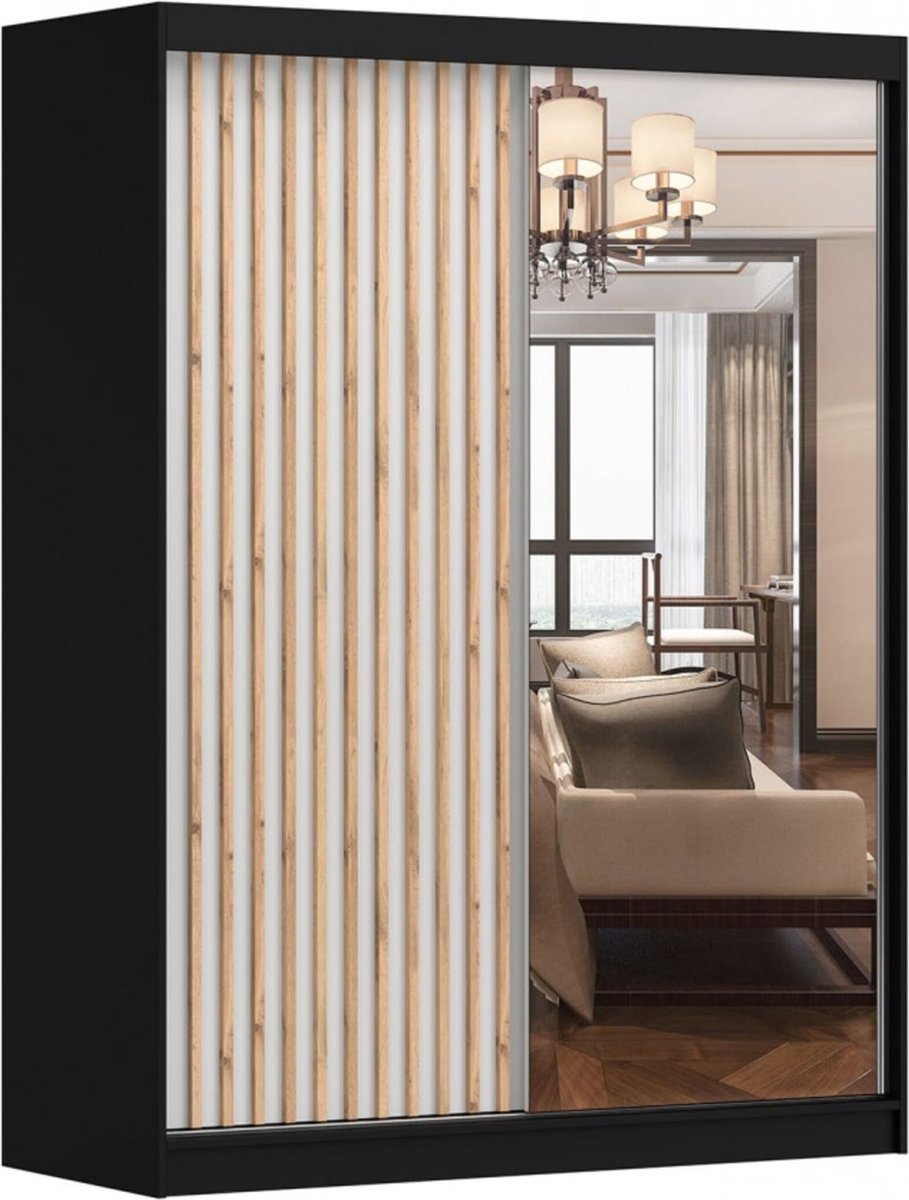 AJE Meubles B.V. Zweefdeurkast Kledingkast met Spiegel, Schuifwandkast met decoratieve lamellen 150x200x61 cm - LABI B1 (Zwart + Wit, 150)