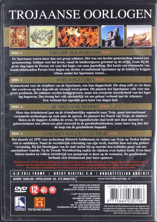 Achterkant DVD-hoes met titel 'Trojaanse oorlogen', inhoud: Erecode der Spartanen, Oorlogsgetijden, Trojaanse Odyssee, Verloren Schatten van Troje.