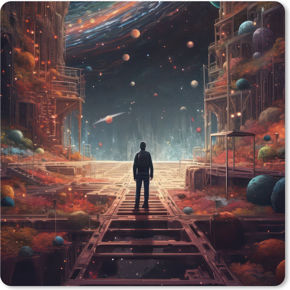 Muismat XXL 50x50 cm - Bureau onderlegger - Bureau mat Buitenaards - Astronaut - Planeten - Ruimte - Bureaumat - Gaming mousepad xl - Bureaulegger groot - Computer deskmat - Geschikt voor Gaming Muis en Gaming PC set-up