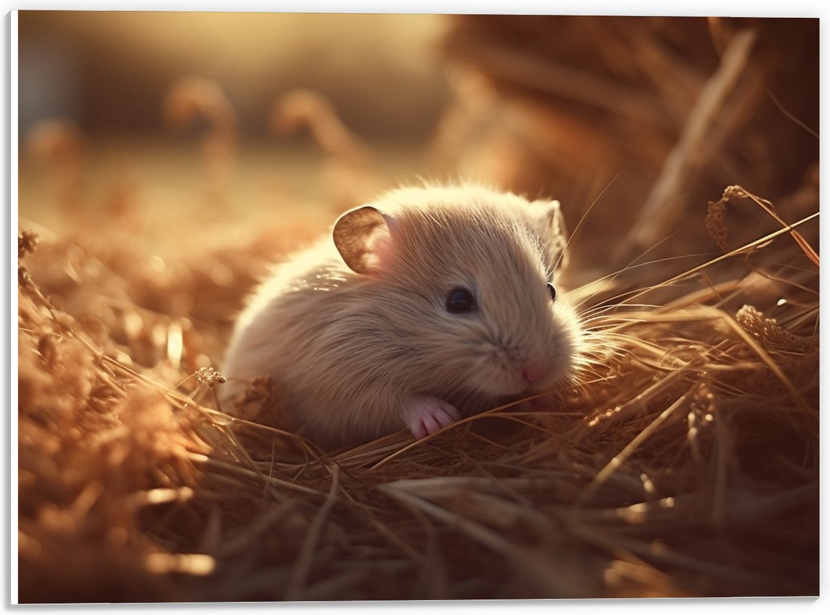 PVC Schuimplaat- Hamster - Baby - Stro - Grijs - 40x30 cm Foto op PVC Schuimplaat