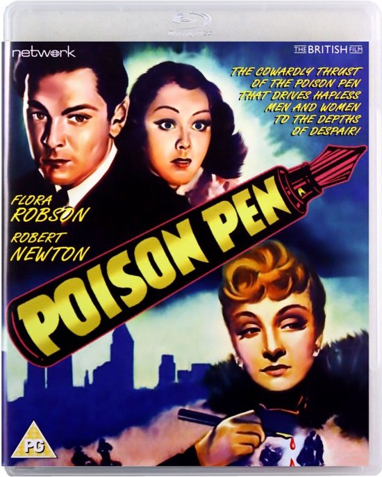 Blu-ray hoes van de film Poison Pen met de gezichten van Flora Robson en Robert Newton, met een gouden pen en tekst.
