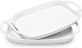 Serveerschaal porselein 39 x 25 cm groot wit dienblad met handgrepen serveerschaal rechthoekig voor eten, voorgerechten, taarten, voor restaurants, entertainment, feest, 2 stuks