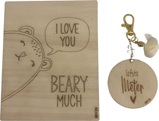 Sleutelhanger en houten kaartje liefste Meter | BEIGE | beary much | jij bent de liefste | liefste meter | moolste peter | cadeau