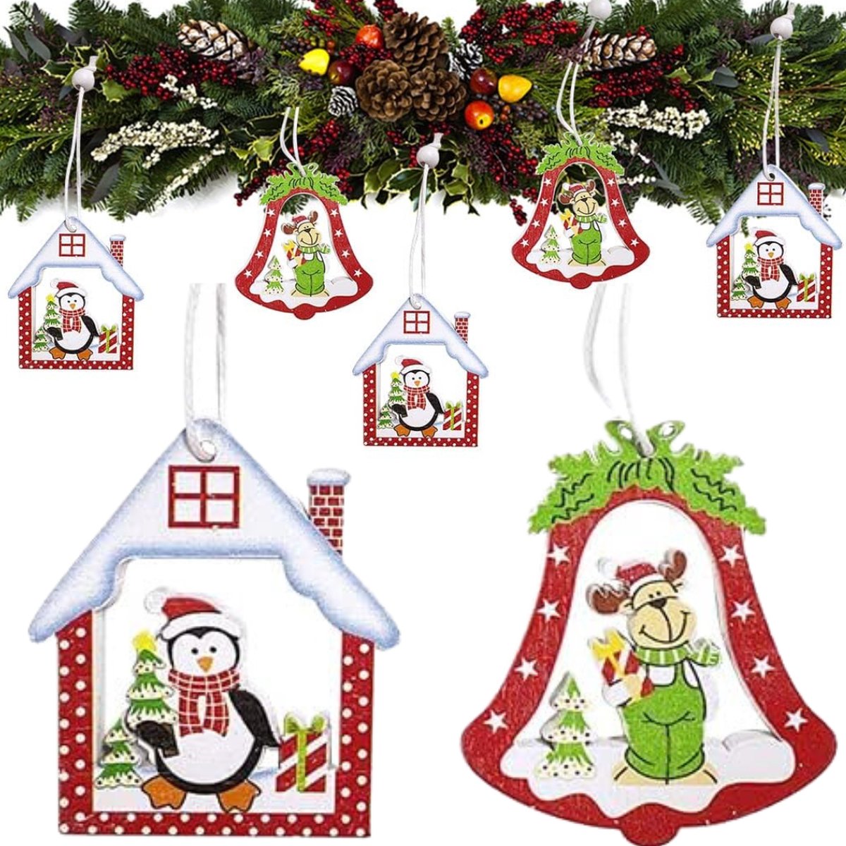 Houten kerstdecoratie - 12x Kerstboom hanger met huisjes en kerstbel met sneeuw, rendieren en pinguins