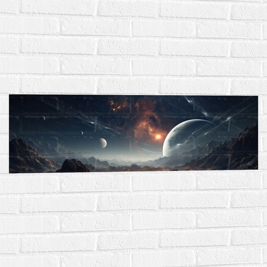 Muursticker - Ruimte - Planeten - Lijnen - Kleuren - 90x30 cm Foto op Muursticker