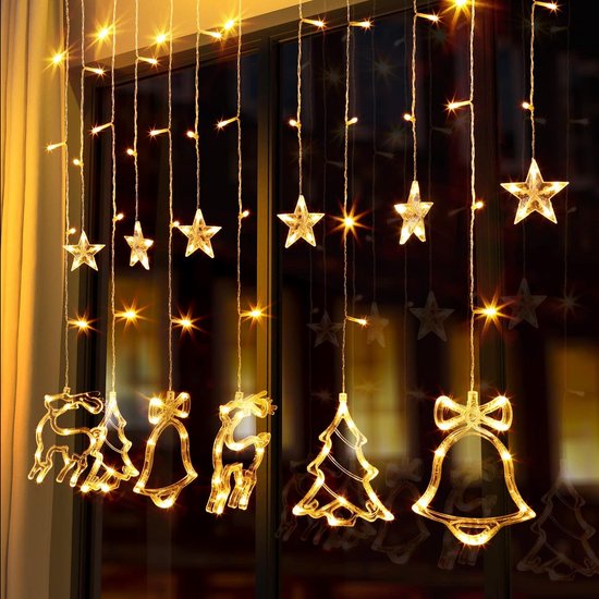 Rideau lumineux 138 LED, guirlande lumineuse pour fenêtre, Noël, étoile,  renne