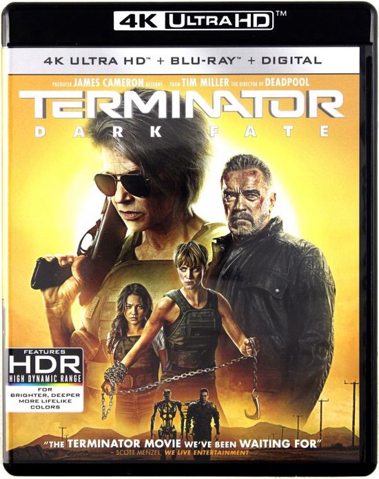 De Terminator: Dark Fate 4K Ultra HD Blu-ray-hoes toont Linda Hamilton, Arnold Schwarzenegger, Mackenzie Davis, Natalia Reyes en twee Terminators.