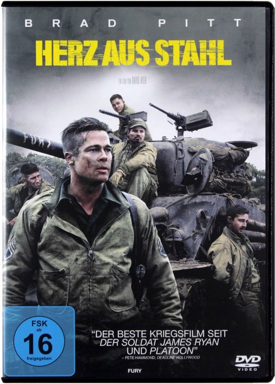 Brad Pitt in "Herz aus Stahl". Duitstalige DVD-hoes met Brad Pitt en soldaten bij een tank.