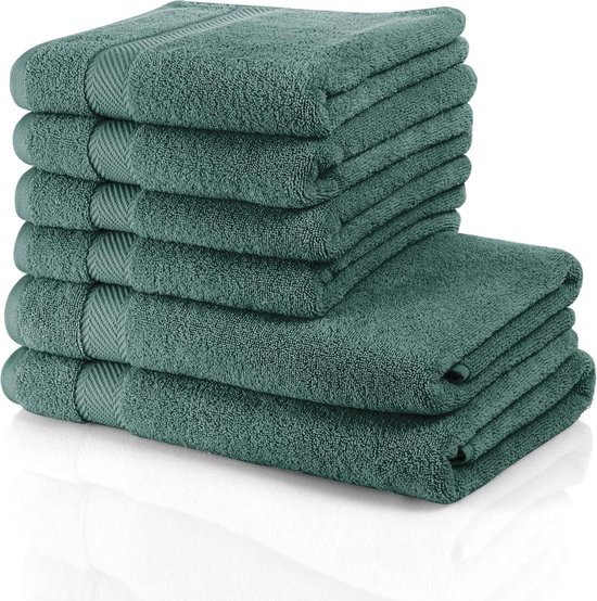 Handdoekenset, bleekt niet en absoluut pluisvrij, 2 badhanddoeken (70/140) en 4 handdoeken (50/100), 100% natuurlijk Turks katoen, 500 g/m², verpakking van 6 stuks (groen)