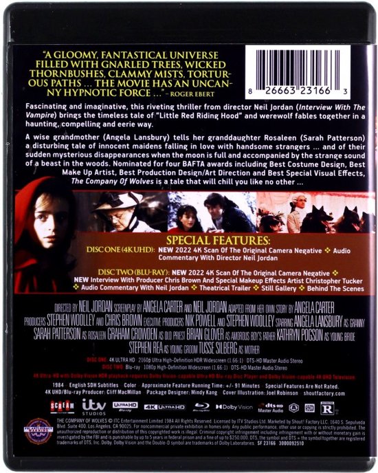 Achterkant van de Blu-ray-hoes van The Company of Wolves, met een recensie en speciale kenmerken.