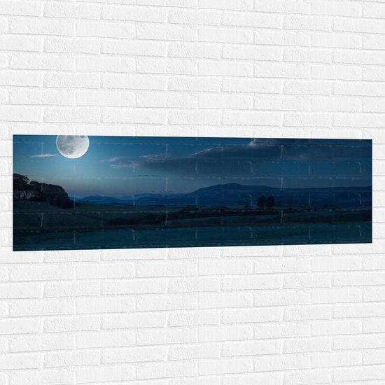 Muursticker - Maan - Bergen - Gras - Nacht - Bomen - Wolken - 150x50 cm Foto op Muursticker