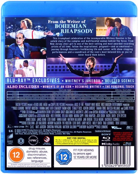 Achterkant van de Blu-ray van 'I Wanna Dance with Somebody' met scènes uit de film en informatie over de inhoud.