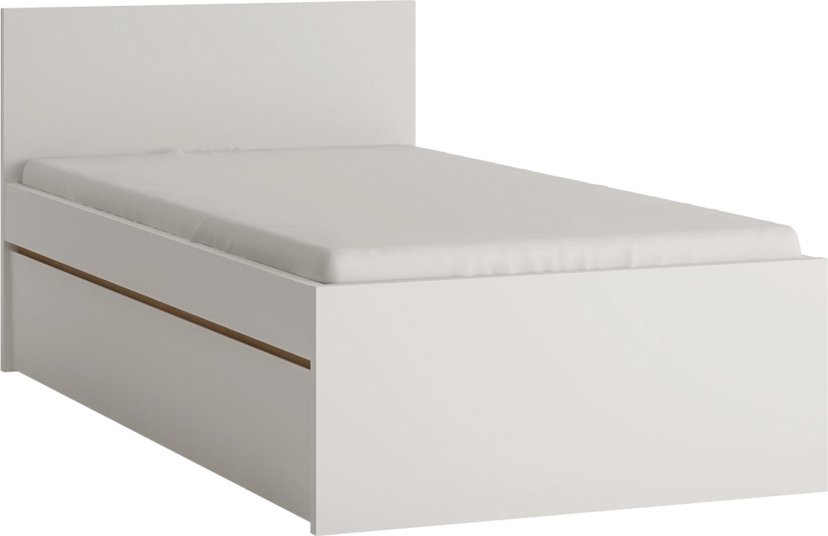 GLOBO Z01 eenpersoonsbed, 90 x 200 cm, met frame, bed met lade voor beddengoed, jeugdmeubilair, wit + eiken