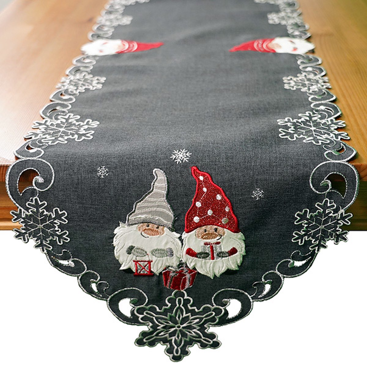 Tafelloper - linnenlook - Kerst - Donkergrijs met kabouters - gnoom - wichtels - Loper 40 x 140 cm