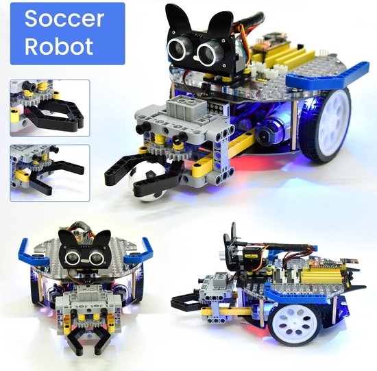 Een kat-achtige voetbalrobot in drie weergaven, met een grijparm die een voetbal vasthoudt, een LED-dotmatrix gezicht en blauwe LED-verlichting.