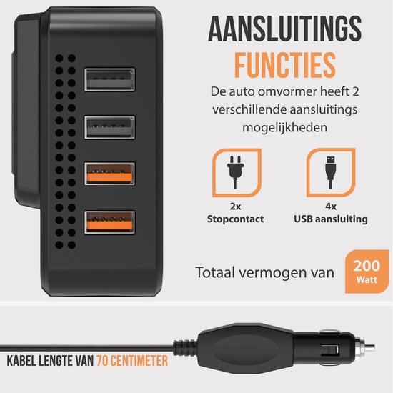 Zwarte auto omvormer met 2 stopcontacten en 4 USB-poorten. Inclusief sigarettenaansteker plug met 70cm kabel.