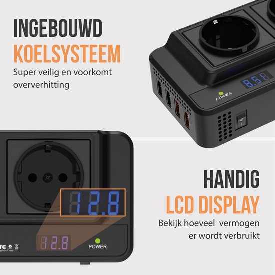 Zwarte 200W power inverter met 2 stopcontacten, 4 USB-poorten en LCD display. Heeft een ingebouwd koelsysteem.