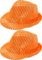 Trilby verkleed hoed met pailletten - 2x - oranje - glitters - volwassenen - Koningsdag