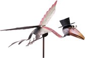 Metalen tuinsteker pendule vliegende vogel met hoed - kleur multi- afm. 66x50x125 cm tuindecoratie tuinbeeld