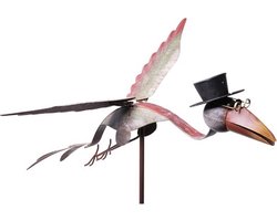 Metalen tuinsteker pendule vliegende vogel met hoed - kleur multi- afm. 66x50x125 cm tuindecoratie tuinbeeld