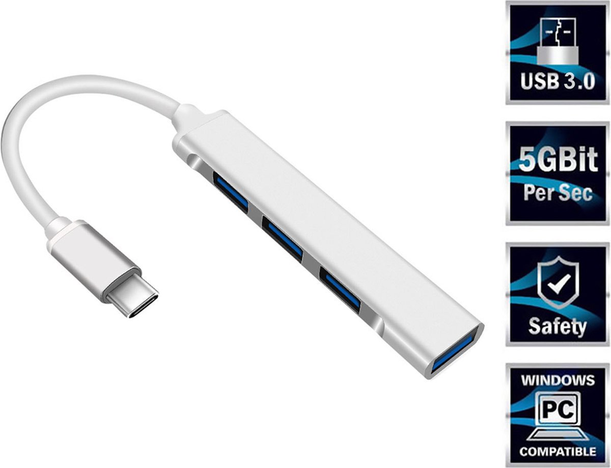 Innerlight Connect+ - USB HUB - USB-C naar 4x USB-A - USB-C Adapter - Geschikt voor Apple MacBook Air en Pro - Geschikt voor Samsung - Geschikt voor Microsoft Surface Pro