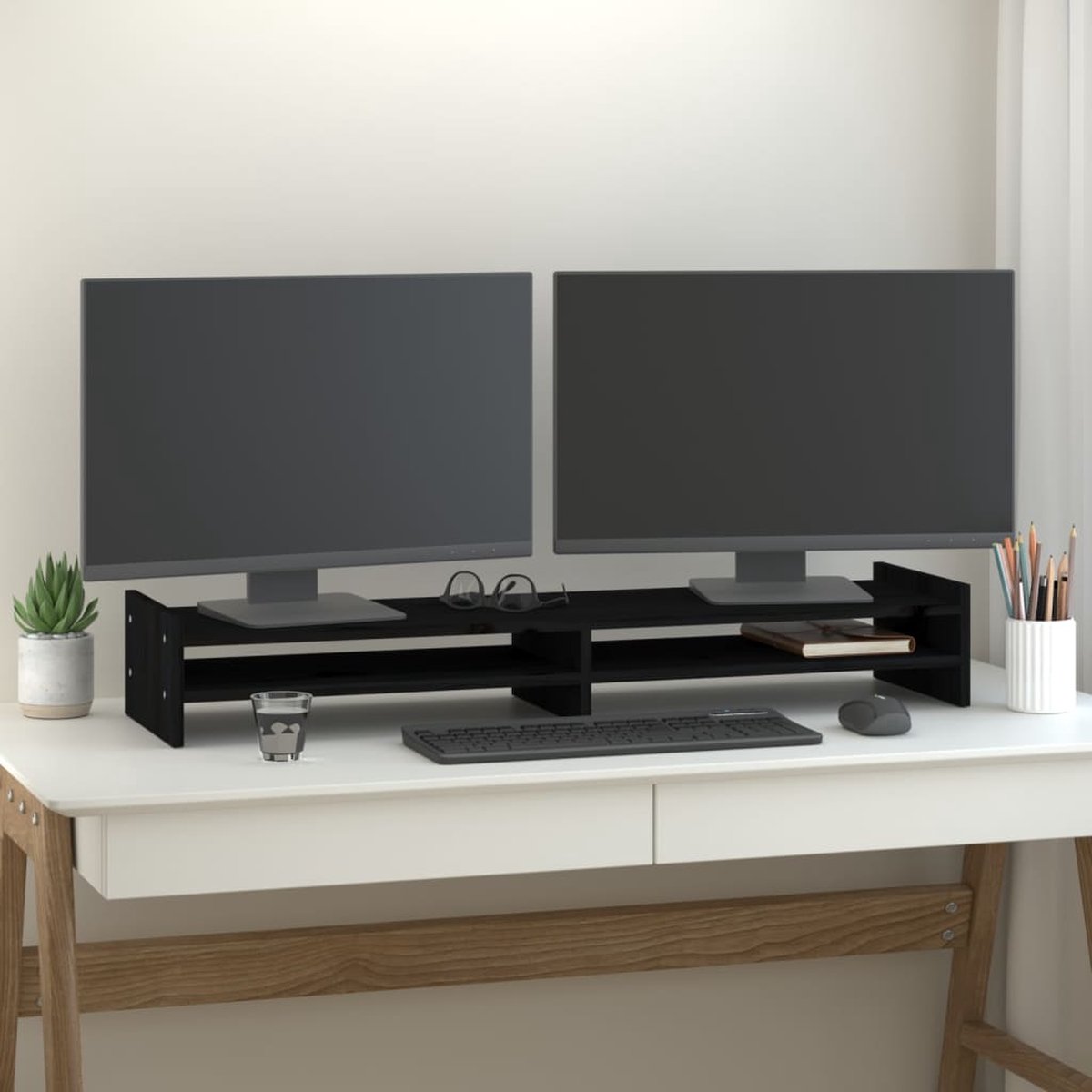 The Living Store Monitorstandaard Grenenhout - 100 x 27 x 15 cm - Zwart