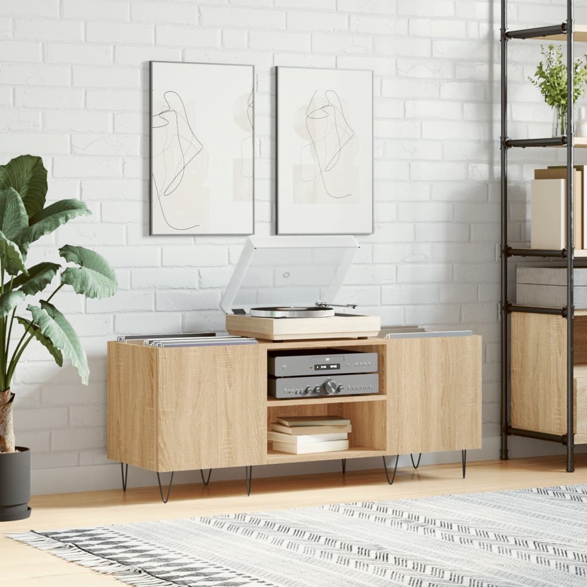 The Living Store Platenkast - 121x38x48 cm - Sonoma eiken - Duurzaam hout - Ruime opbergruimte - Stevig blad - Ijzeren poten - Montage vereist