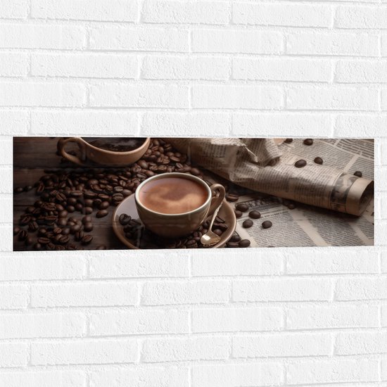 Muursticker - Koffie - Krant - Koffiebonen - Lepel - Kopje - 90x30 cm Foto op Muursticker