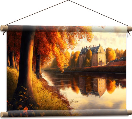 Textielposter - Rivier - Gebouw - Water - Bomen - Herfst - 60x40 cm Foto op Textiel