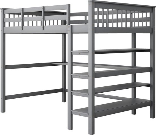 Grijze hoogslaper met bureau, met een ladder aan de zijkant en opbergplanken.