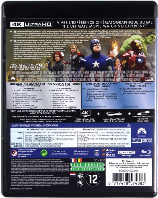 Achterkant van de 4K Ultra HD Blu-ray van The Avengers, met de hoofdrolspelers en details over de inhoud.