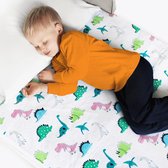 kinderbedje | Wasbaar bedkussen waterdicht | 86 x 91cm PIPI onderlegbed kinderen met instopjes | Voor eenpersoonsbedden, kinderbedden, babybedjes | dinosaurus