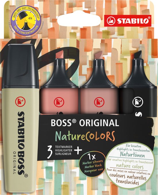 Foto: Stabilo boss original markeerstift etui met 4 kleuren naturecolors