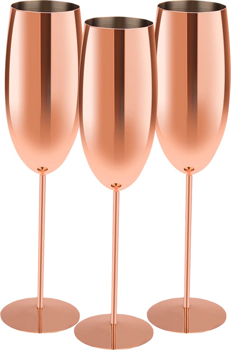 Fjesta RVS Champagneglazen - RVS Glazen - RVS Beker - Roestvrijstaal - Champagneglazen - 28cl - Roségoud - 3 Stuks