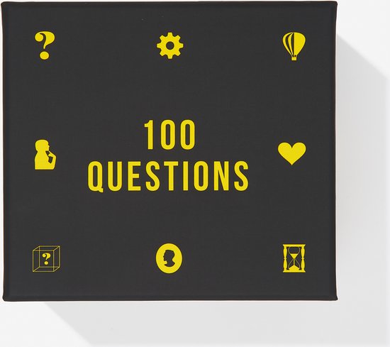 Boîte noire avec "100 QUESTIONS" en lettres jaunes et icônes jaunes : point d'interrogation, engrenage, montgolfière, personne, cœur, cube, pièce, sablier.