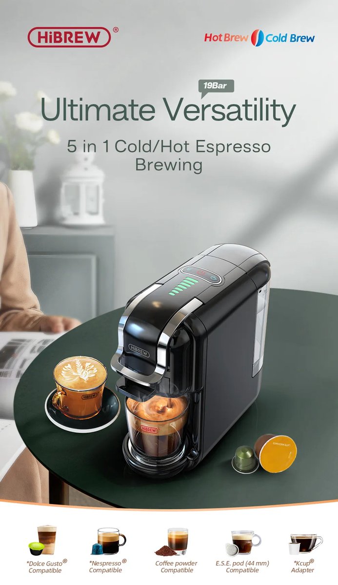 1PC Hibrew Coffee Machine hot&cold 4 in 1, compatible with multi capsules,  19 Bar. For Dolce Gusto and Ground Coffee H1A