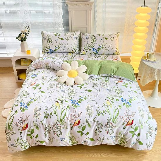 Beddengoedset Met Ritssluiting, Dekbedovertrek 135 X 200 Cm Kussensloop Van 80 X 80 Cm 2 Delig Microvezel Blauw Modern Bloemen Wit Plantenpatroon Eenpersoons