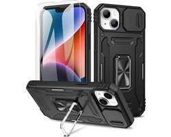 Podec Coque pour iPhone 14 Zwart - Coque Anti-Choc Hybride Armure avec Ring de Béquille et Protecteur d'écran